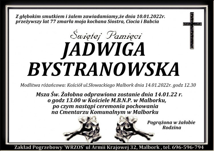 Zmarła Jadwiga Bystranowska. Żyła 77 lat.