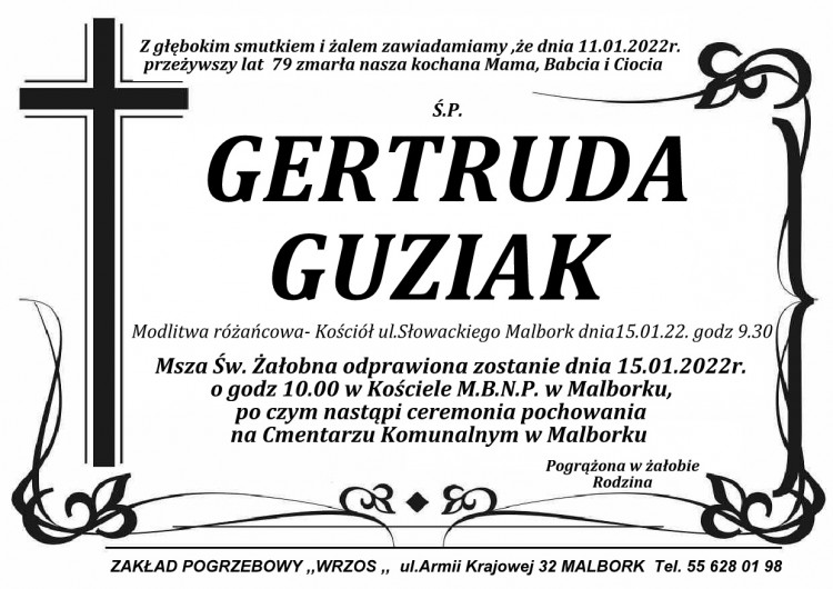 Zmarła Gertruda Guziak. Żyła 79 lat.