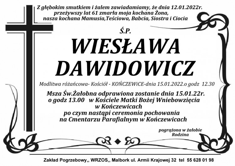 Zmarła Wiesława Dawidowicz. Żyła 61 lat.