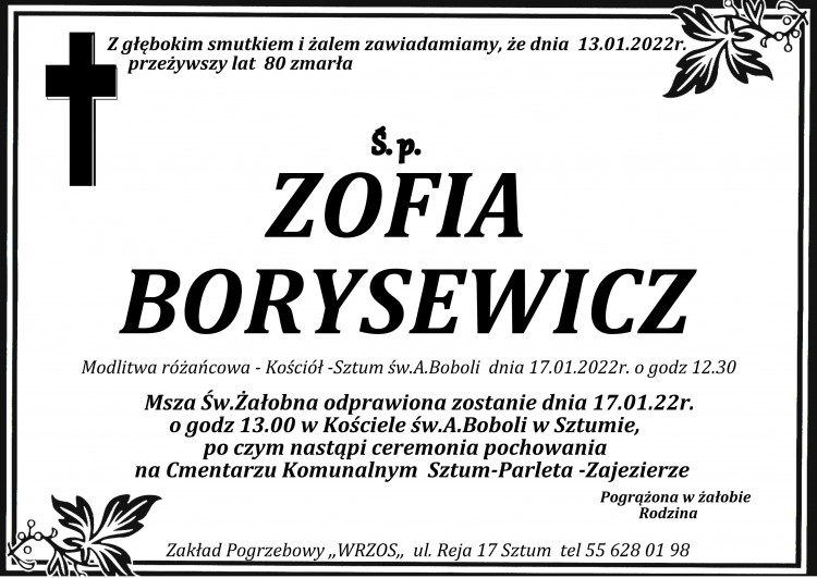 Zmarła Zofia Borysewicz. Żyła 80 lat.
