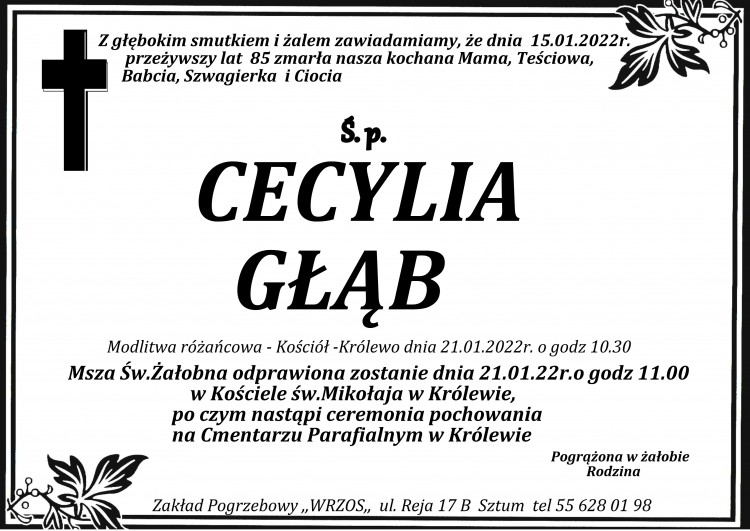 Zmarła Cecylia Głąb. Żyła 85 lat.