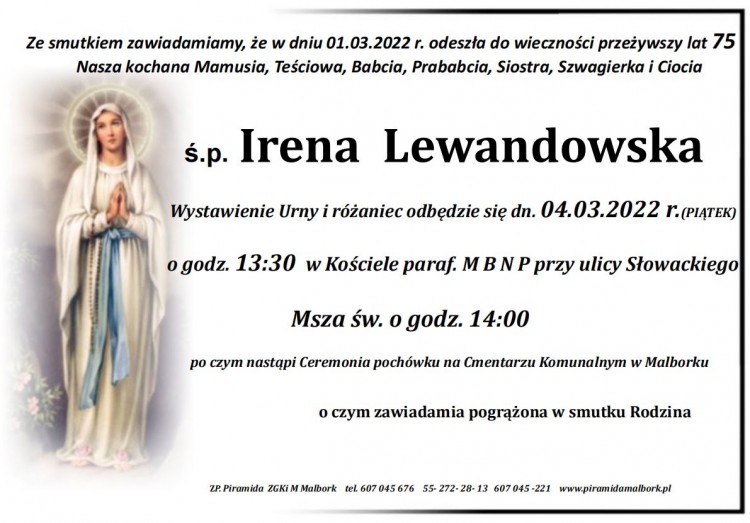Zmarła Irena Lewandowska. Żyła 75 lat.