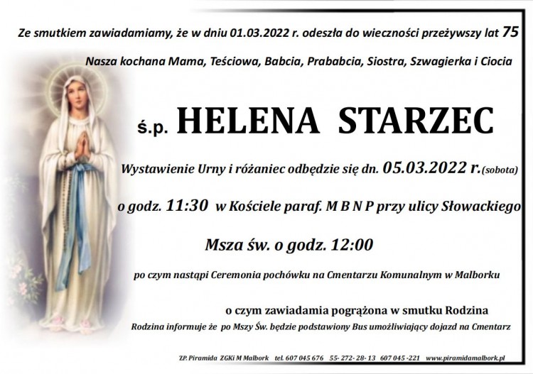 Zmarła Helena Starzec. Żyła 75 lat.