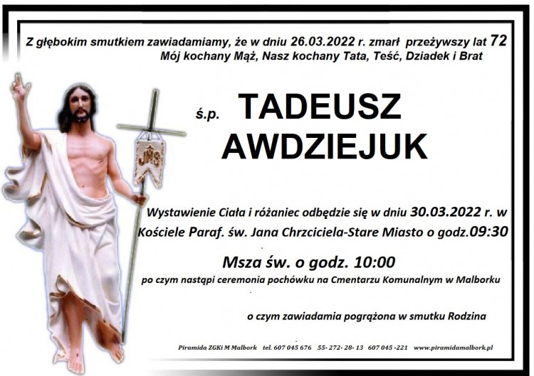 Zmarł Tadeusz Awdziejuk. Żył 72 lata.