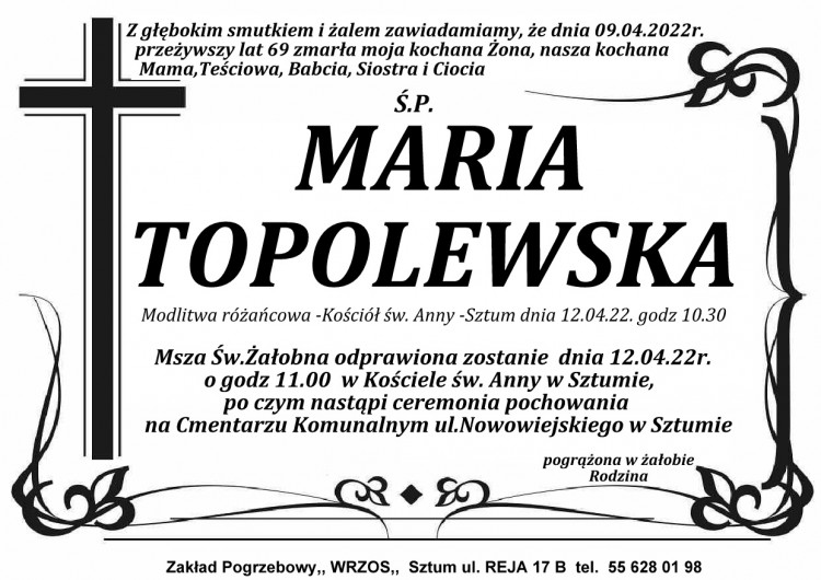 Zmarła Maria Topolewska. Żyła 69 lat.