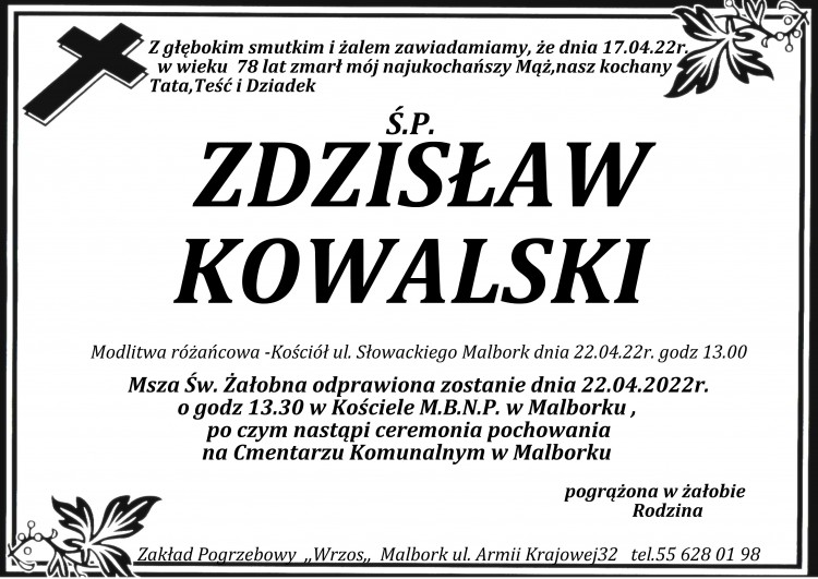 Zmarł Zdzisław Kowalski. Żył 78 lat.