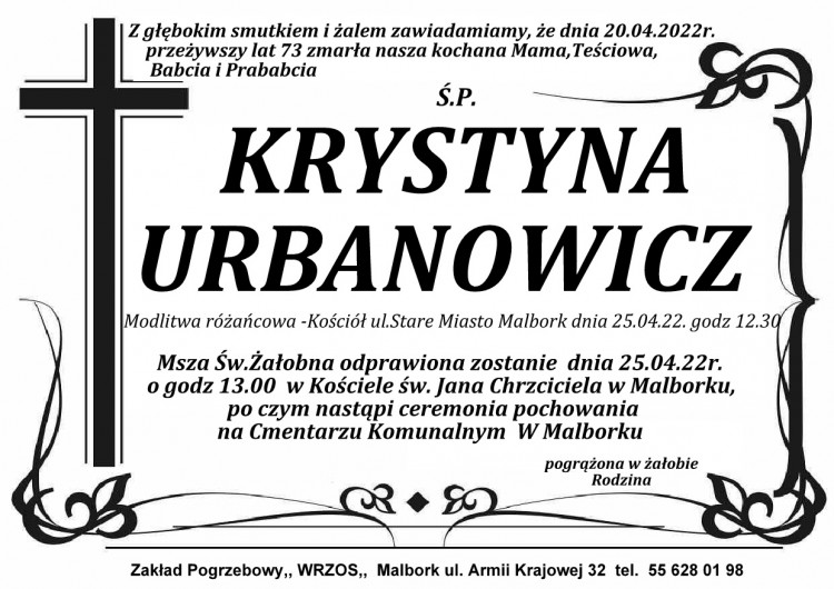 Zmarła Krystyna Urbanowicz. Żyła 73 lata.