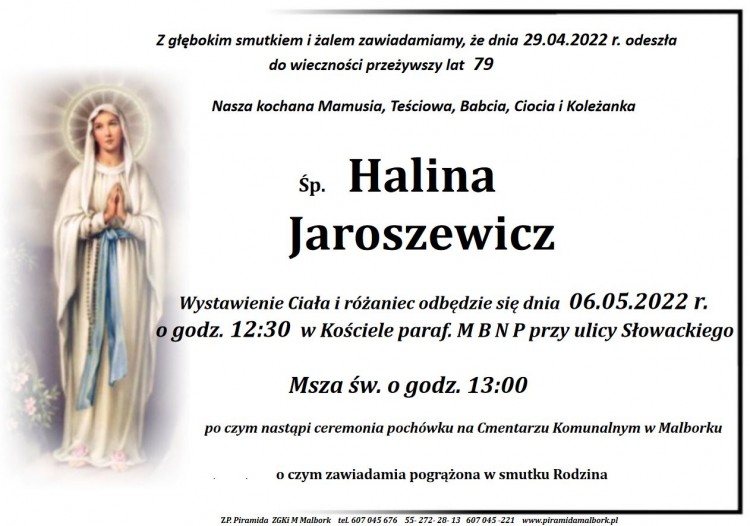 Zmarła Halina Jaroszewicz. Żyła 79 lat.