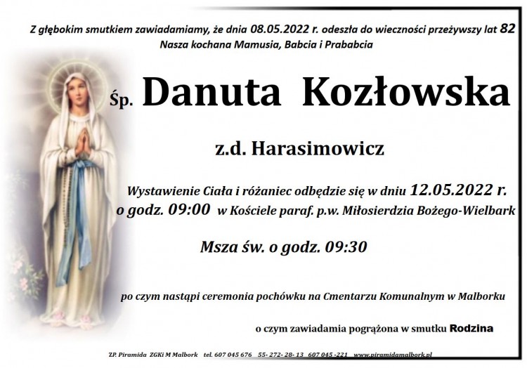 Zmarła Danuta Kozłowska. Żyła 82 lata.