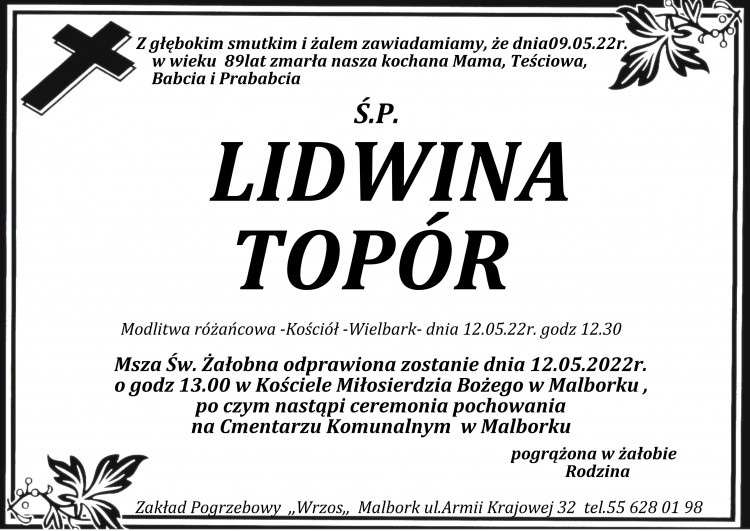 Zmarła Lidwina Topór. Żyła 89 lat.