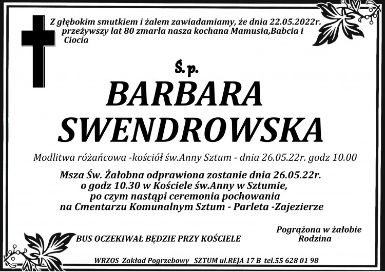 Zmarła Barbara Swendrowska. Żyła 80 lat.