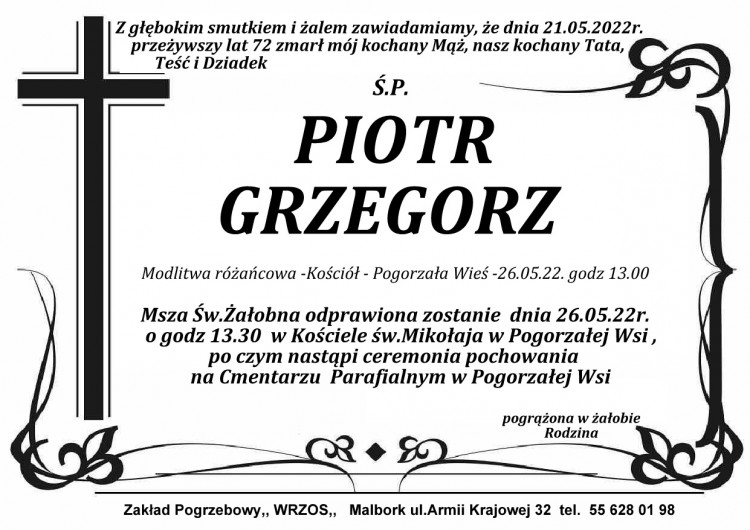 Zmarł Piotr Grzegorz. Żył 72 lata.