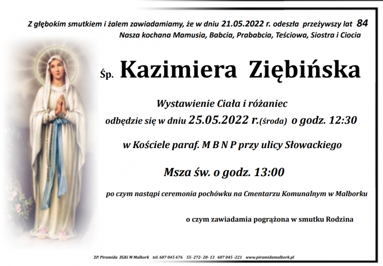 Zmarła Kazimiera Ziębińska. Żyła 84 lata.
