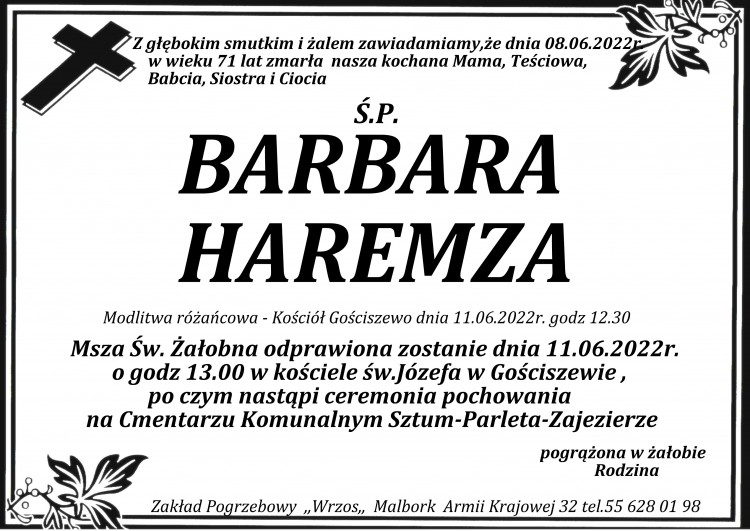 Zmarła Barbara Haremza. Żyła 71 lat.