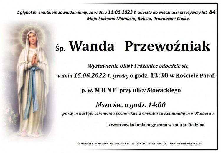 Zmarła Wanda Przewoźniak. Żyła 84 lata.