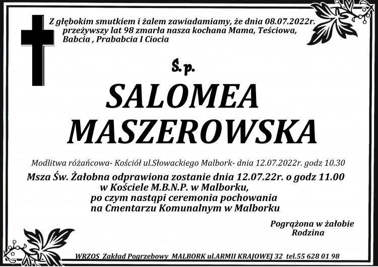 Zmarła Salomea Maszerowska. Żyła 98 lat.