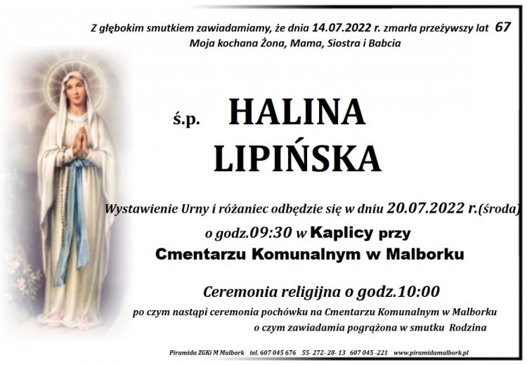Zmarła Halina Lipińska. Żyła 67 lat.