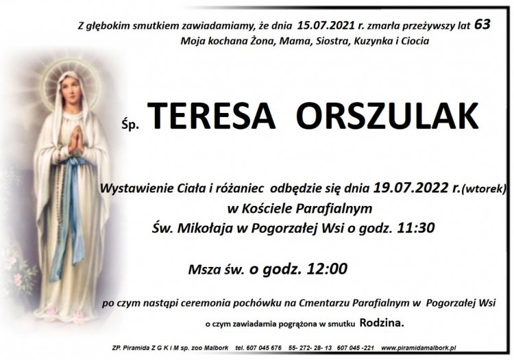 Zmarła Teresa Orszulak. Żyła 63 lata.