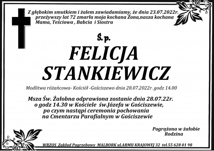 Zmarła Felicja Stankiewicz. Żyła 72 lata.