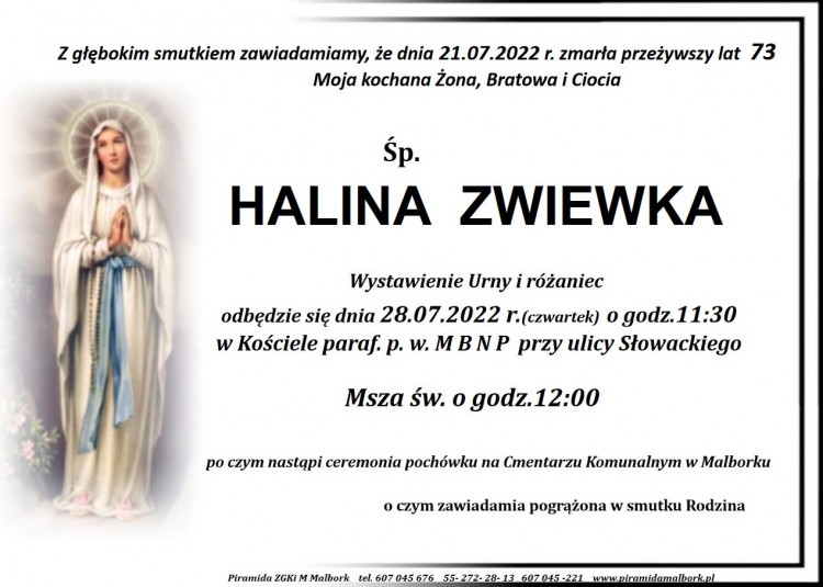 Zmarła Halina Zwiewka. Żyła 73 lata.