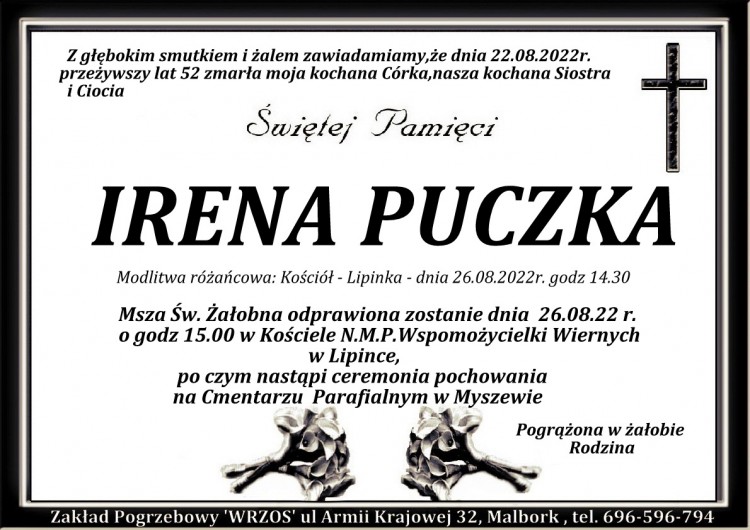 Zmarła Irena Puczka. Żyła 52 lata.