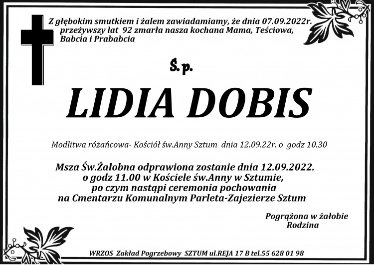 Zmarła Lidia Dobis. Żyła 92 lata.