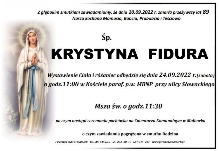 Zmarła Krystyna Fidura. Miała 89 lat.