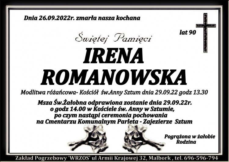 Zmarła Irena Romanowska. Żyła 90 lat.