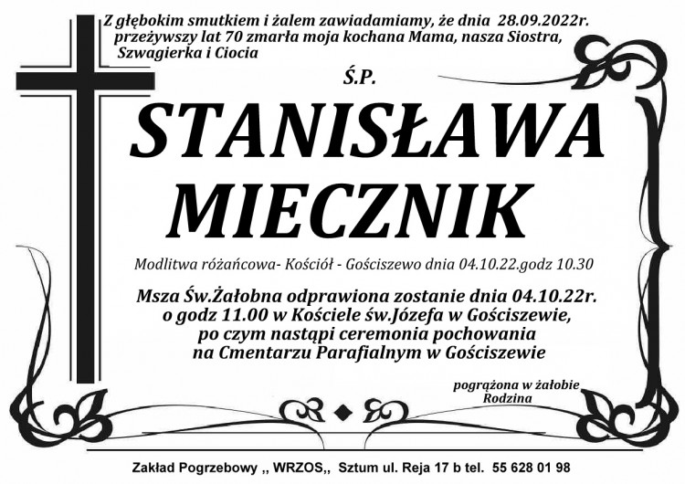 Zmarła Stanisława Miecznik. Miała 70 lat.