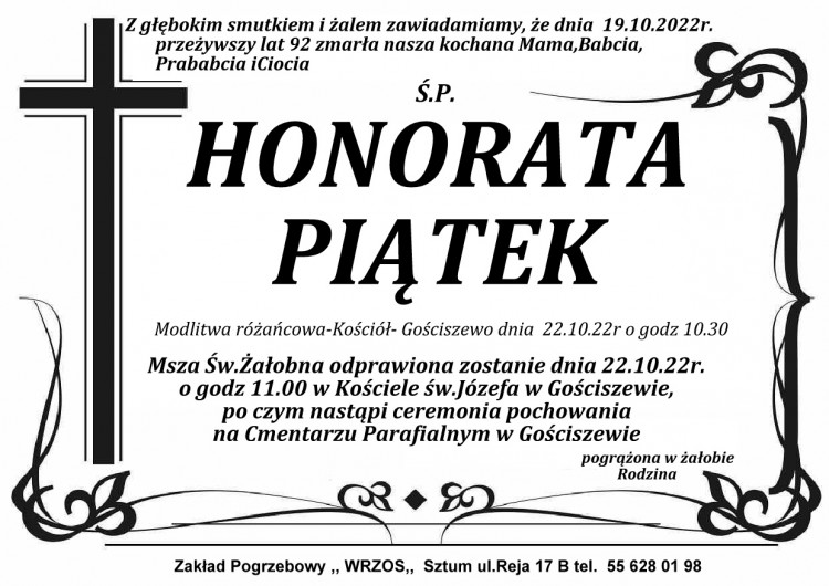 Zmarła Honorata Piątek. Żyła 92 lata.