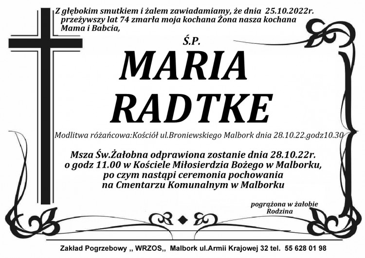 Zmarła Maria Radtke. Żyła 74 lata.