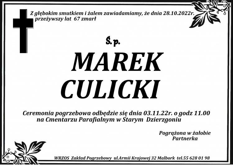 Zmarł Marek Culicki. Żył 67 lat.