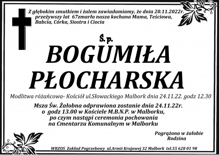 Zmarła Bogumiła Płocharska. Żyła 67 lat.