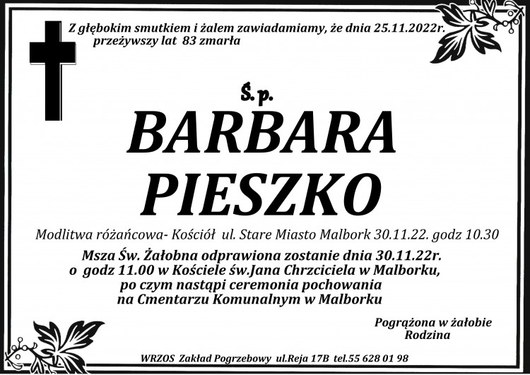 Zmarła Barbara Pieszko. Miała 83 lata.