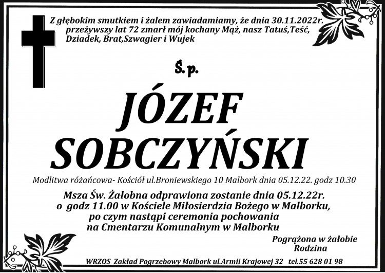 Zmarł Józef Sobczyński. Żył 72 lata.