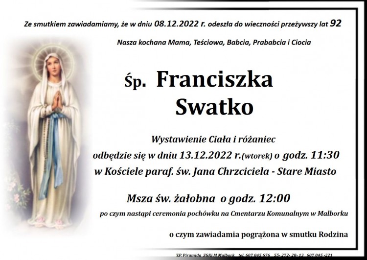 Zmarła Franciszka Swatko. Miała 92 lata.