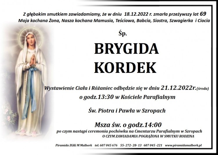 Zmarła Brygida Kordek. Żyła 69 lat.