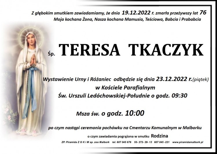 Zmarła Teresa Tkaczyk. Żyła 76 lat.