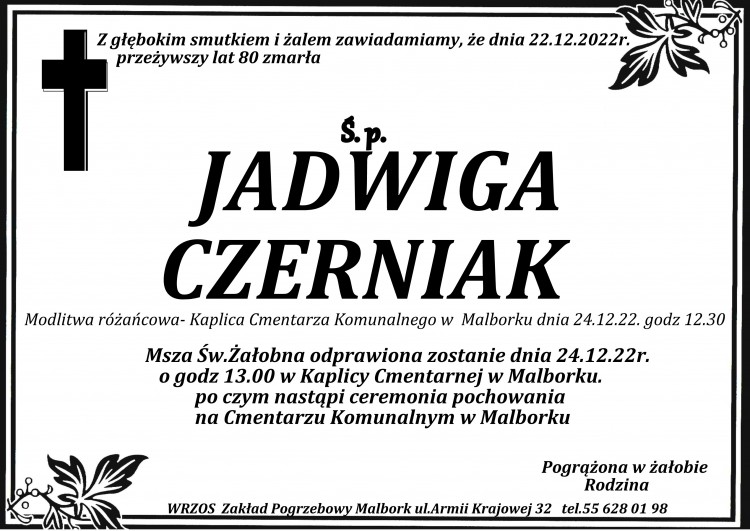 Zmarła Jadwiga Czerniak. Miała 80 lat.