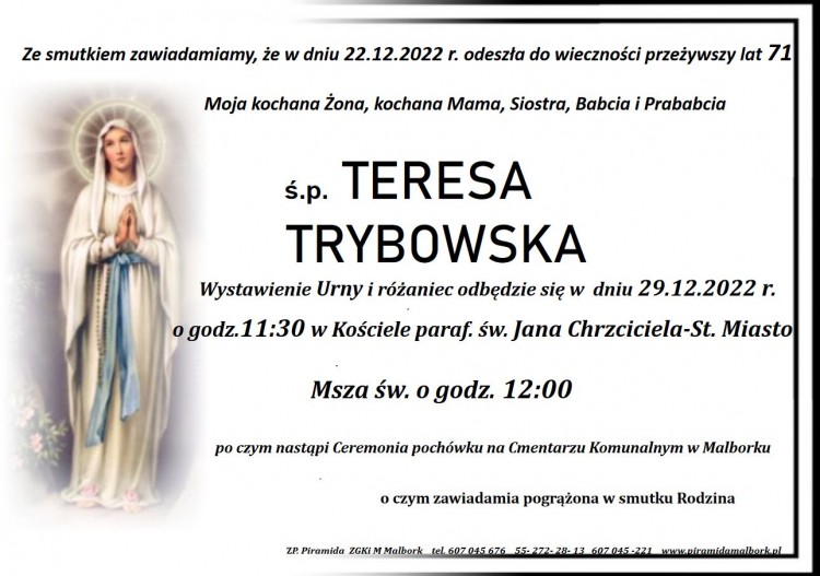 Zmarła Teresa Trybowska. Żyła 71 lat.