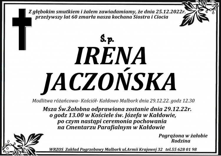 Zmarła Irena Jaczońska. Miała 60 lat.