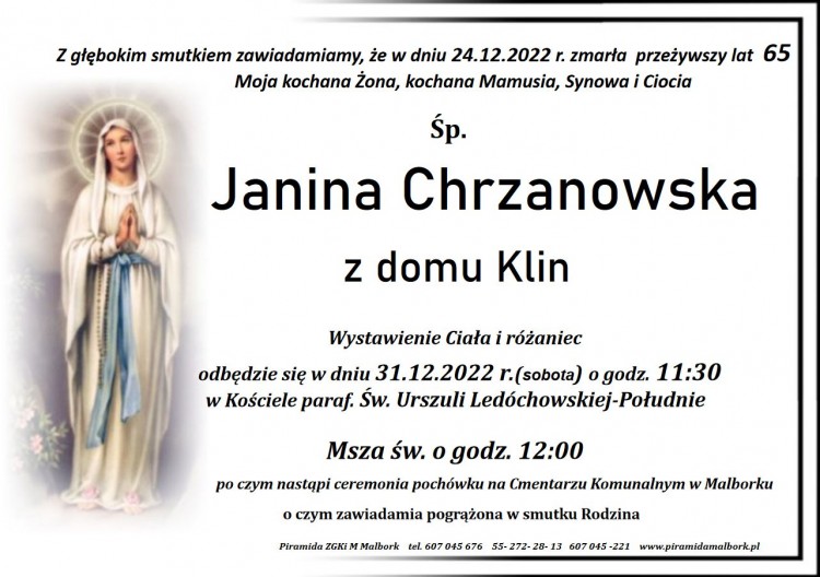 Zmarła Janina Chrzanowska. Żyła 65 lat.