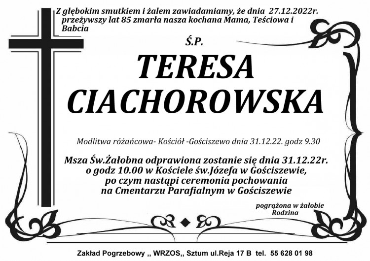 Zmarła Teresa Ciachorowska. Miała 85 lat.