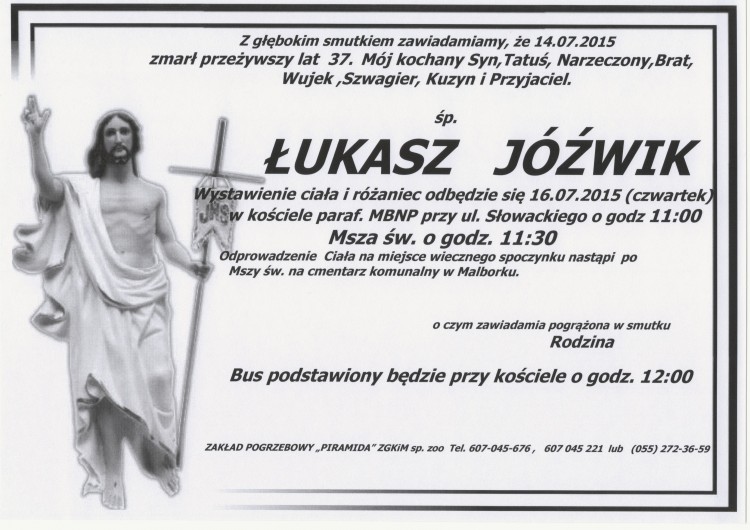 ZMARŁ ŁUKASZ JÓŹWIK. ŻYŁ 37 LAT.