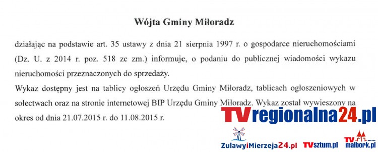 WÓJT GMINY MIŁORADZ INFORMUJE O WYKAZIE NIERUCHOMOŚCI PRZEZNACZONYCH&#8230;