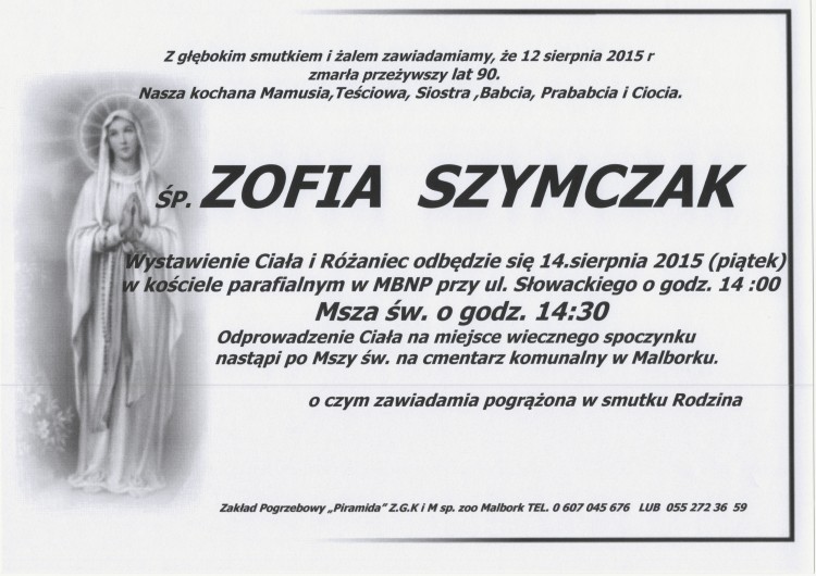 ZMARŁA ZOFIA SZYMCZAK. ŻYŁA 90 LAT.