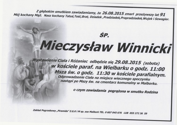 ZMARŁ MIECZYSŁAW WINNICKI. ŻYŁ 91 LAT.