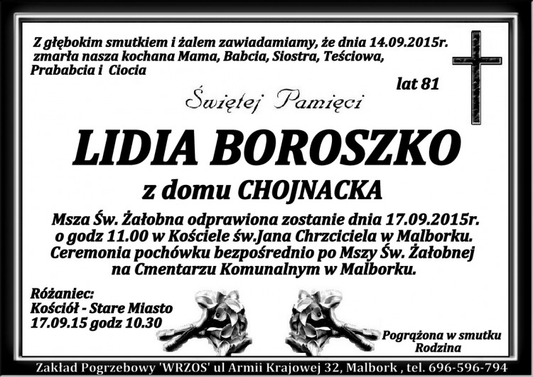 ZMARŁA LIDIA BOROSZKO. ŻYŁA 81 LAT.