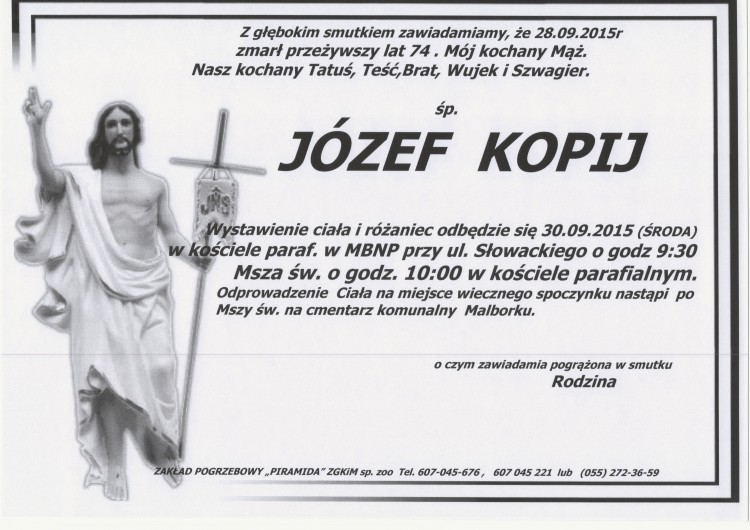 Zmarł Józef Kopij. Żył 74 lata.