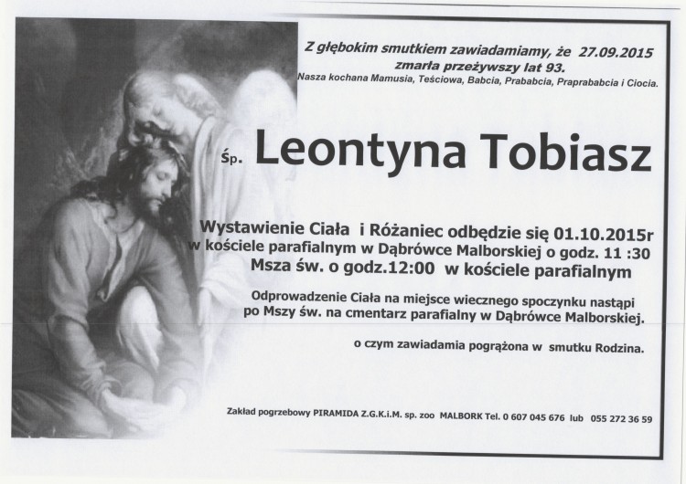 Zmarła Leontyna Tobiasz. Żył 93 lata.